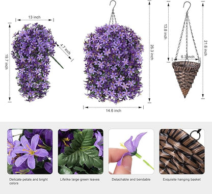 Artificial Faux Hanging Outdoor Plants Flowers Basket for Spring Decoration, Fake Silk Realistic UV Resistant Long Vines Planter for Outside Home Porch Patio (Purple & Light Purple)