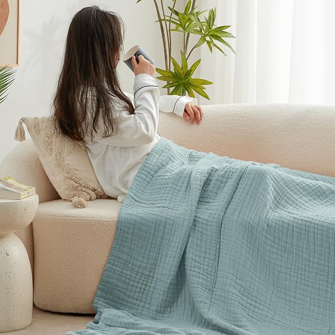 Love's cabin 6 Layer 100% Cotton Muslin Blanket, 108"x90" Muslin King Size Blanket for Bed Couch, Lightweight and Breathable Cotton Gauze for Adult, Cyan