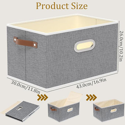Yawinhe Fabric Storage Bins with Handles, Foldable Baskets for Shelves, Cubes with 3 Handles, Large Boxes for Clothes, Grey, 16.9''Lx11.8''Wx10.2''H, 4-Pack