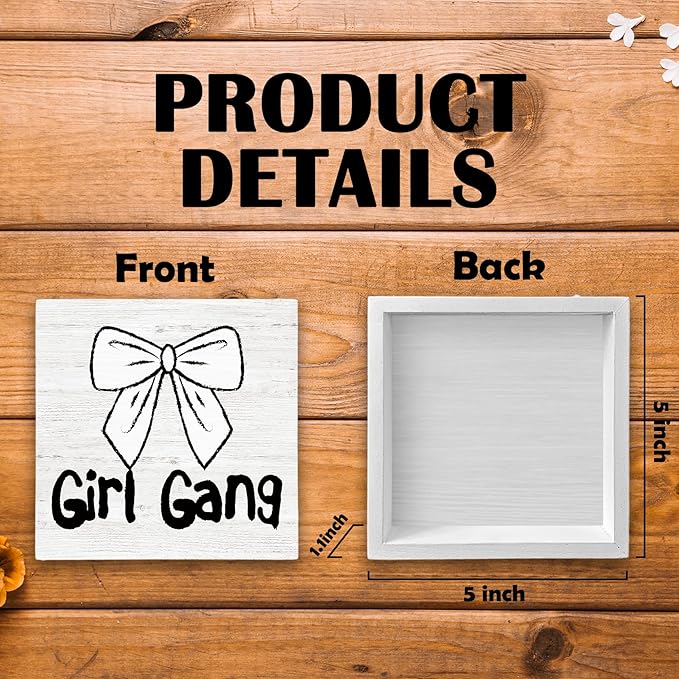 Coquette Trendy Bow Wood Box Sign Desk Decor, Preppy Girl Gang Decor, Girly Balletcore Wooden Block Sign Decorations for Home Girly Bedroom College Dorm Living Room Wall Tabletop Shelf Decor