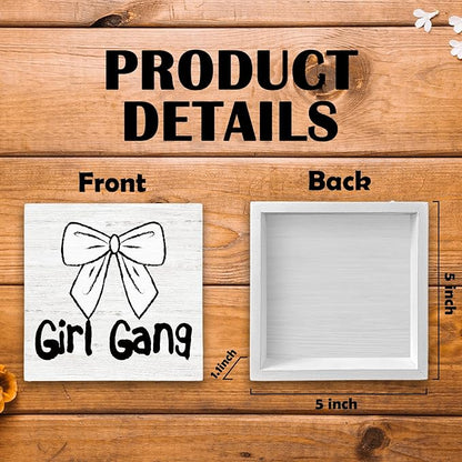 Coquette Trendy Bow Wood Box Sign Desk Decor, Preppy Girl Gang Decor, Girly Balletcore Wooden Block Sign Decorations for Home Girly Bedroom College Dorm Living Room Wall Tabletop Shelf Decor