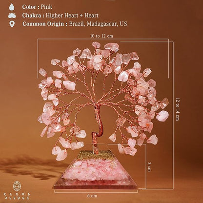 KARMAPLEDGE Rose Quartz Crystal Tree Good Luck Birthday Gifts for Womens, Mom, Home and Office Desk Decor, Pyramid Base Reiki Healing Stones & Chakra Tree of Life for Positive Energy, Money, Sucess