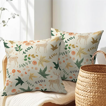 Deer Fall Pillow Covers 20x20 Set of 2 Green Cream Maple Leaf Autumn Outdoor Christmas Pillows Case Animal Print Pattern Decorative Xmas Cushion Cover Rustic Decoration Farmhouse Sofa Couch Bed Decor