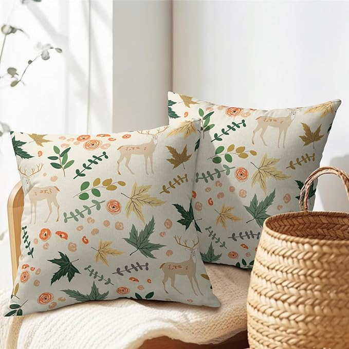 Deer Fall Pillow Covers 16x16 Set of 2 Green Cream Maple Leaf Autumn Outdoor Christmas Pillows Case Animal Print Pattern Decorative Xmas Cushion Cover Rustic Decoration Farmhouse Sofa Couch Bed Decor