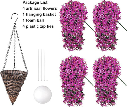 Artificial Flowers Plants for Outdoor with Basket, 4PCS Silk Hanging Faux Flowers Long Trailing Vines for Outside Home Porch Patio Decoration, Fuchsia