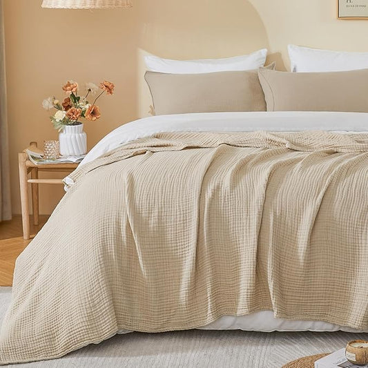 EMME Cotton Muslin Queen Blanket Bed Layering Bedspread Coverlet Breathable Gauze Soft Lightweight Blankets (Beige, 90"x90")