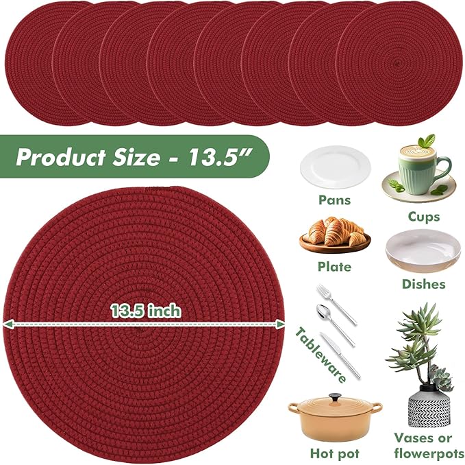 Aertiavty 8 Pack Round Woven Placemats for Christmas 13.5 Inches Red Heat Resistant Placemats Farmhouse Cotton Rope Place Mats for New Year Trivets for Hot Dishes, Burgundy