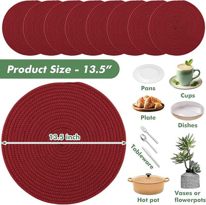 Aertiavty 8 Pack Round Woven Placemats for Christmas 13.5 Inches Red Heat Resistant Placemats Farmhouse Cotton Rope Place Mats for New Year Trivets for Hot Dishes, Burgundy