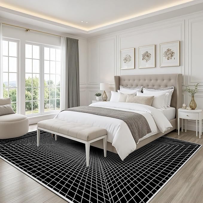 Optical Illusion Rug - Washable Rugs 4x6, Abstract Geometric Lines Soft Neutral Indoor Floor Mats Plaid Carpet, Non-Slip Stain Resistant Modern Black Rug for Bedroom, Living Room Rugs