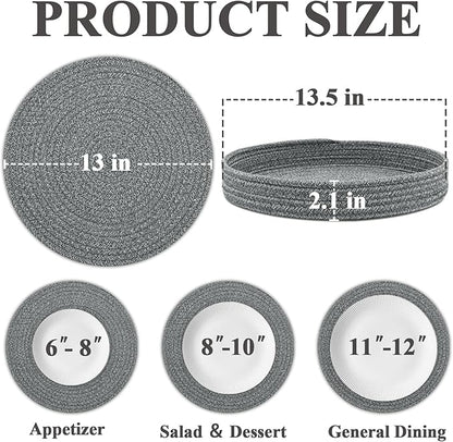 Round Placemats Set of 6 with Holder, Cotton Rope Woven Place Mats, Hot Pads for Kitchen, Heat Resistant Table Mats, 13 Inch Farmhouse Washable Braided Placemat for Kitchen Decor (Dark Gray)