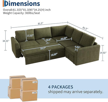 GarveeHome Sectional Sleeper Sofa with Pull Out Bed, Corduroy Modular Sectional Sofa U Shaped 7 Seat Couch with Pull Out Couch and Storage Seat & Ottoman, Convertible Couches for Living Room