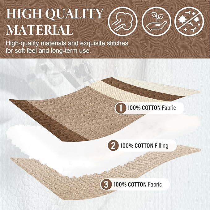 SahSahCasa 120"x102" 100% Cotton Oversized Queen Bedspread Coverlet Quilt Set, Queen Quilted Striped Bedspread Extra Large Quilt, XL Bed Spread Lightweight Comforter, 3pc, Brown/Beige