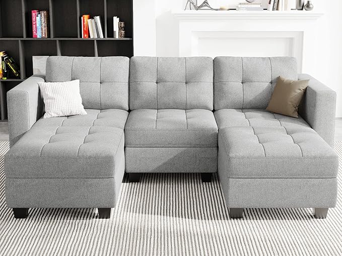 Belffin U-Shaped Sectional Sofa, Light Grey, 58.3"W x 90.2"L x 33.5"H, Reversible Chaise Lounge, Sturdy Solid Wood Frame, Plush Woven Fabric, Hidden Storage, Foldable Backrest, Easy Assembly