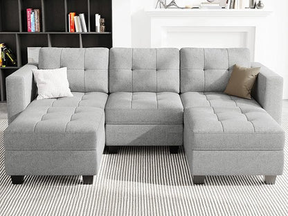 Belffin U-Shaped Sectional Sofa, Light Grey, 58.3"W x 90.2"L x 33.5"H, Reversible Chaise Lounge, Sturdy Solid Wood Frame, Plush Woven Fabric, Hidden Storage, Foldable Backrest, Easy Assembly