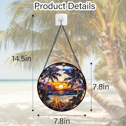 Stained Glass Window Hanging,Bonfire Beach Landscape Suncatcher Diamond Glass Panel Sun Catchers Decor for Birthday for Women, Men, Wife, Aunt, and Mom 7.8 in