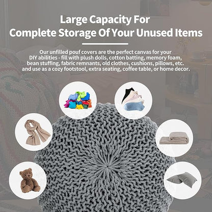 HOMBYS Unstuffed Ottoman Pouf Cover, 100% Cotton Handmade Knitted Ottoman Pouf Cover Round Foot Stool, Floor Bean Bag Chair, Foot Rest Storage for Living Room Bedroom, Light Grey(Cover ONLY NO Filler)