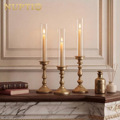 NUPTIO Hurricane Candle Holder for Centerpiece: Set of 3 Gold Candlestick Holders with Glass Shade - Vintage Taper Candleholder for Christmas Dining Table Fireplace Mantle Decor