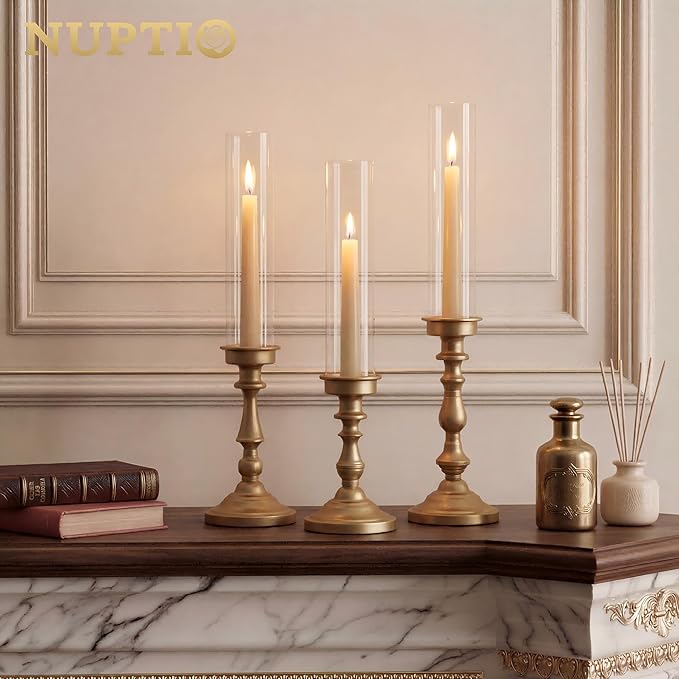 NUPTIO Gold Candlestick Holders Bulk: Set of 6 Tall Hurricane Glass Taper Candleholders - Vintage Candles Stick Stand for Wedding Bridal Shower Birthday Party Centerpiece Decor