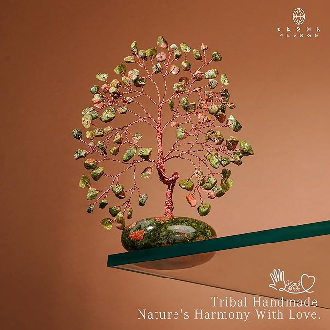 KARMAPLEDGE Crystal Tree of Life Home and Office Feng Shui Decor, Unakite Healing Crystal Handmade Bonsai Tree for Positive Energy, Good Luck, Money, Christmas Decor, Birthday Gifts for Women, Mom