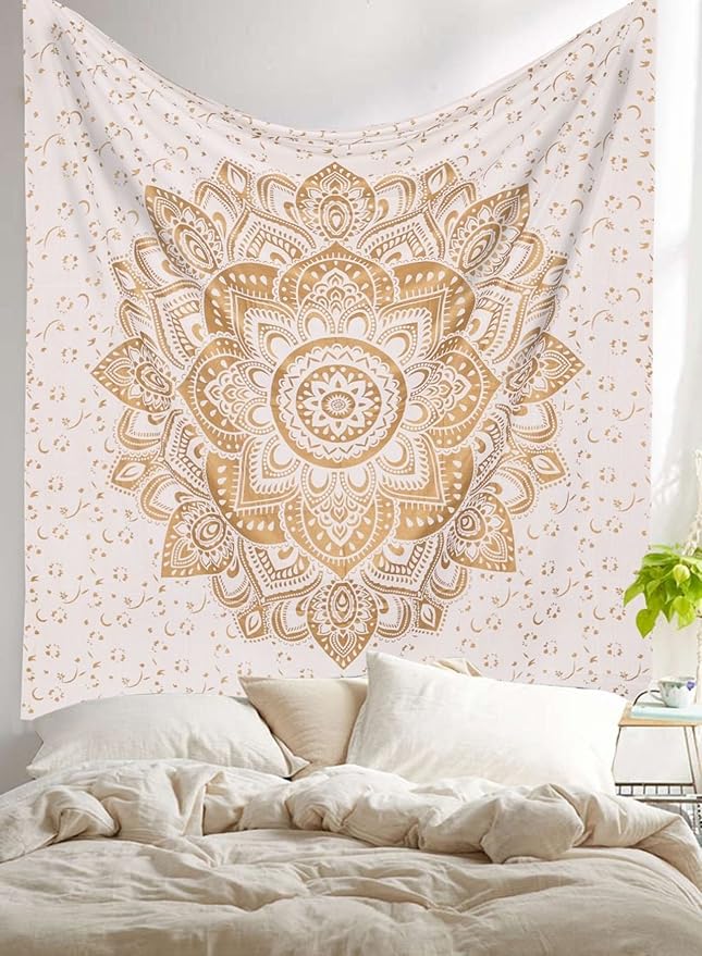 raajsee Metallic Gold Tapestry Mandala Wall Hanging- Bohemian Dorm Decor Hippie Queen Tapestries 82x92 inches-Boho Bedding Beach Throw Blanket White Golden bedspread meditation yoga mat throw