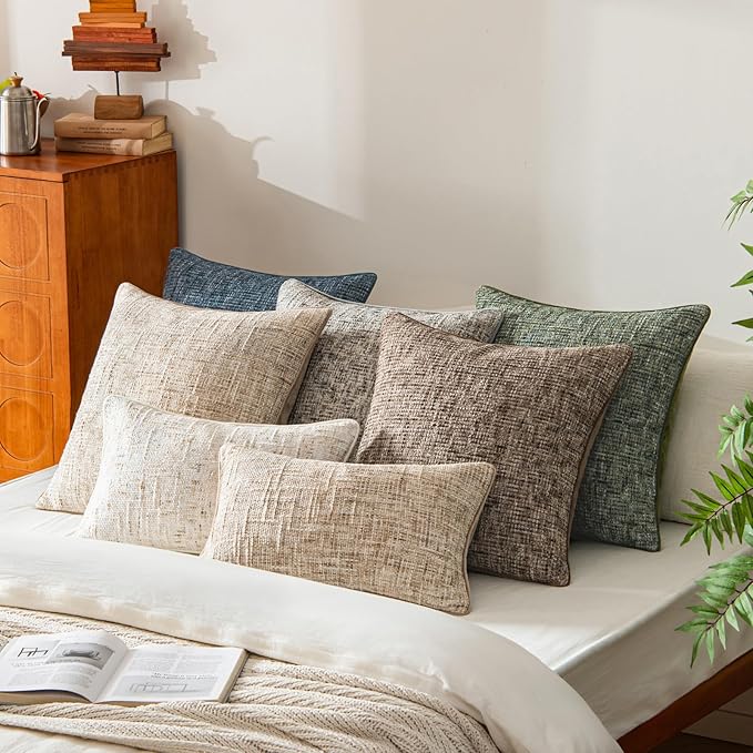 a moment Khaki Reversible Pillow Covers 2 Pack - Farmhouse Chenille Throw Pillows, Neutral Textured Decorative Throw Pillow Covers with Border for Couch Sofa Bed (20x20 Inch, No Insert)
