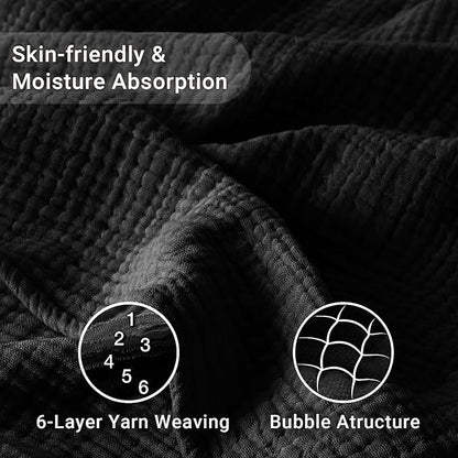100% Cotton Muslin Blanket Twin 66" x 90", 6 Layers Breathable and Lightweight Cotton Blankets for Couch, Soft Cooling Summer Gauze Blanket for Adults All Season, Black