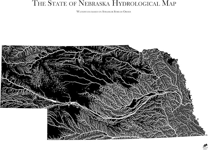 Muir Way Hydrological River Map of Nebraska - Watershed Topographic Wall Art for Home, Office, or Travel Decor - Unframed Flat Paper Print, 18x24