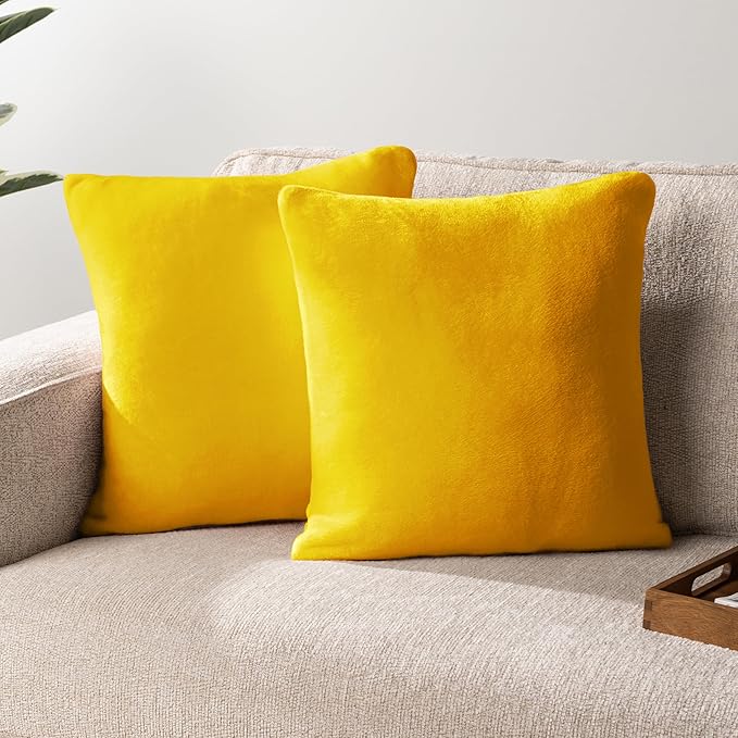 PAVILIA Mustard Yellow Throw Pillow Covers 18x18 Set of 2, Decorative Pillow Cases for Bed Sofa Couch, Boho Aesthetic Accent Decor Cushion Bedroom Living Room, Velvet Square Euro Sham Covers, Yellow