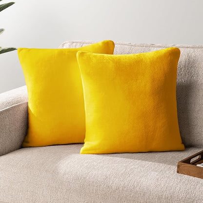 PAVILIA Mustard Yellow Throw Pillow Covers 18x18 Set of 2, Decorative Pillow Cases for Bed Sofa Couch, Boho Aesthetic Accent Decor Cushion Bedroom Living Room, Velvet Square Euro Sham Covers, Yellow