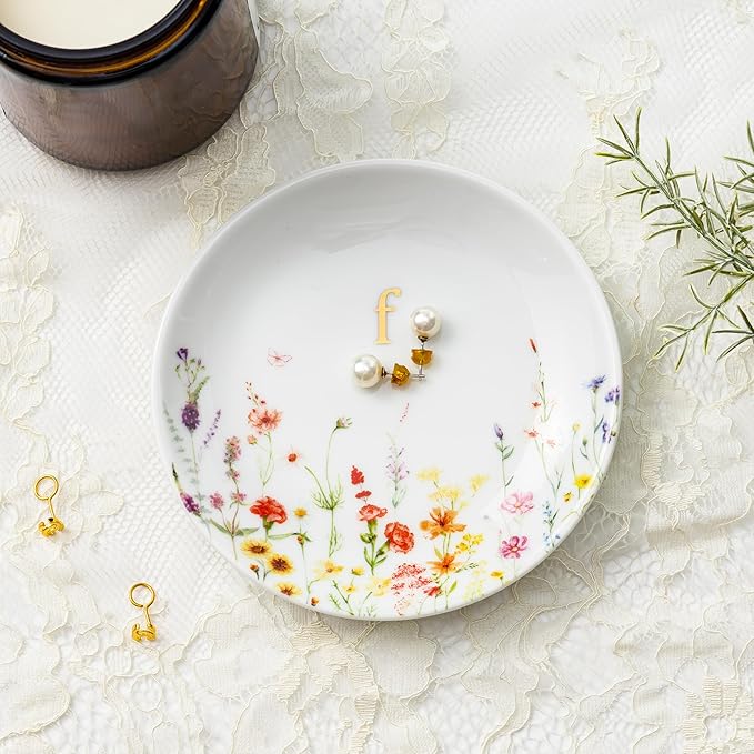 Crisky Initial Jewelry Tray Ring Dish & Gift Box, Ceramic Flower Trinket Dish for Rings Earrings Necklaces Keys, Bridal Shower Engagement Birthday Gift for Women, Friends 4.57" (Gold Foil F