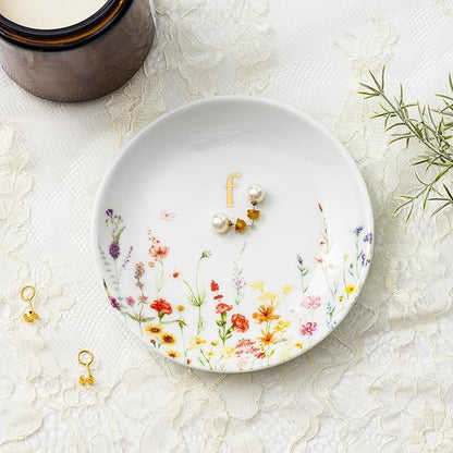 Crisky Initial Jewelry Tray Ring Dish & Gift Box, Ceramic Flower Trinket Dish for Rings Earrings Necklaces Keys, Bridal Shower Engagement Birthday Gift for Women, Friends 4.57" (Gold Foil F
