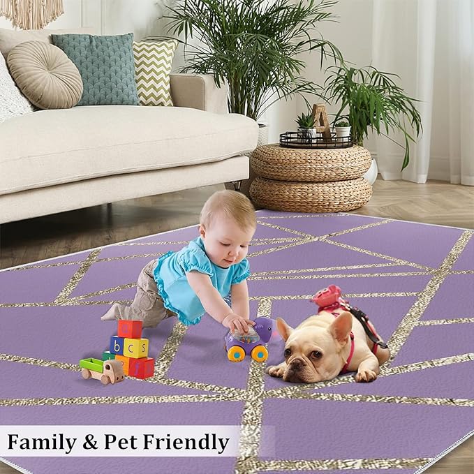 Modern Geometric Purple Area Rug, Premium Art Rug for Living Room and Bedroom, Soft And Wear-Resistant, Non-Slip Bottom, Gold Line Decoration Design, Stylish And Simple Indoor Decoration,5.3 x 8ft