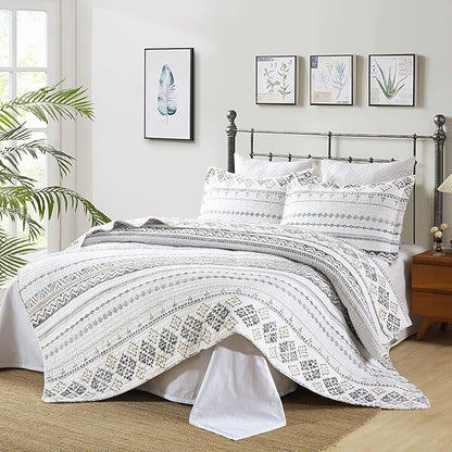 Quilts Queen Size - Queen Quilt Bedspread Sets, 100% Cotton Boho Quilted Bedding Set for Queen Bed, 3 Pieces Bohemian Reversible Striped Lightweight Comforter Bed Spread, White