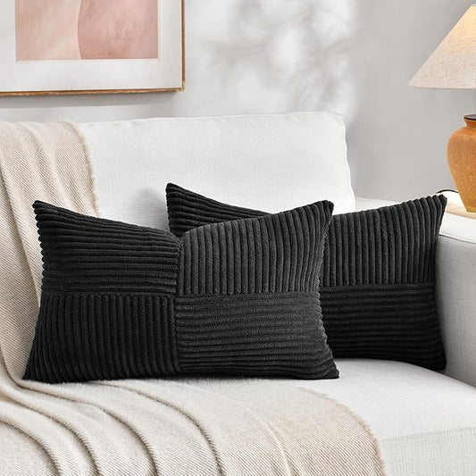 Fancy Homi 2 Packs Black Lumbar Decorative Throw Pillow Covers 16x28 Inch for Living Room Couch Bed Sofa, Rustic Farmhouse Boho Home Decor, Soft Striped Corduroy Rectangle Accent Cushion Case 40x70 cm