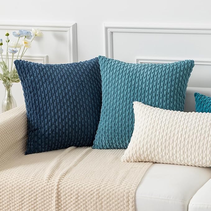 Kevin Textile Throw Pillow Covers Soft Corduroy Decorative Set of 2 Boho Striped Pillow Covers Pillowcases Farmhouse Home Decor for Couch Bed Sofa Living Room 22x22 Inch Light Blue