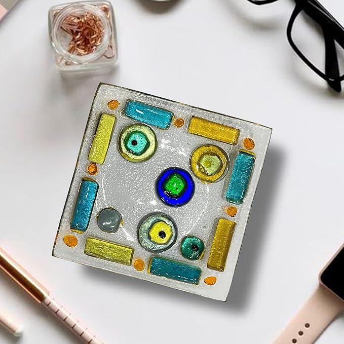 LADY&HOME Glass Decorative Jewelry Tray,Fused Art Glass Silver Foil Trinket Dish for Earrings,Necklace,Keys,Birthday Mother's Day Christmas Gifts for Women (Eyes)