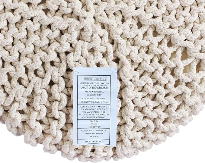 COTTON CRAFT Braided Round Pouf - Hand Knitted Cotton Cord Cable Dori Cylindrical Floor Pouf - Foot Stool - Ottoman - Footrest - Accent Seat - Living Room Bedroom Dorm Décor - 15 Round x 16 H - Ivory