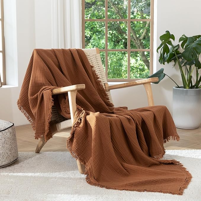 MooMee Muslin Blanket - 100% Cotton 4-Layer Gauze Throw Blanket with All-Around Fringe, Ultra-Soft Breathable Lightweight Cooling Decorative for Bed, Sofa & Couch (Drak Orange,Throw 60" x 50")