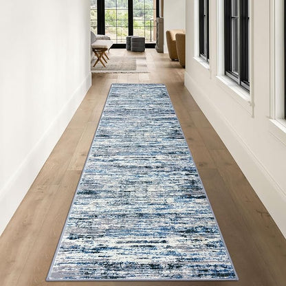 Modern Abstract Runner Rug 3x10, Grey Blue White Washable Kitchen Runner Non-Slip Soft Hallway Rug Runner Thin Print Faux Wool Carpet for Entryway Bedroom Laundry Room Indoor Home Office Decor