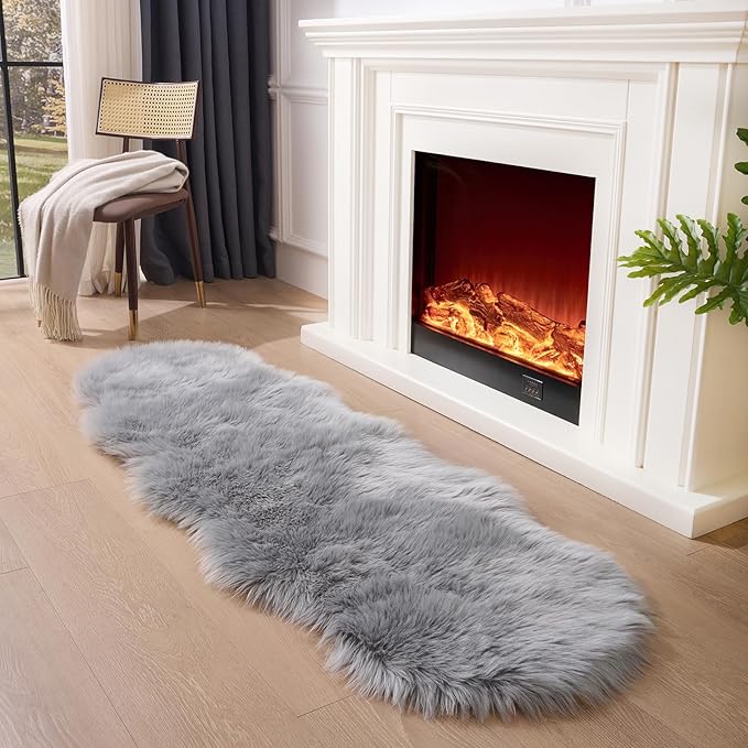 Faux Fur Rug Runner 2x6 ft Gery - Machine Washable Super Soft Plush Shaggy Fluffy Area Carpet,Sheepskin Rug Fuzzy Floor Mat for Bedroom, Sofa,Living Room, Bedside, Nursery & Kids Room