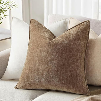 decorUhome Spring Couch Throw Pillow Covers 20x20 Set of 2, Decorative Soft Velvet Neutral Chenille Pillow Covers with Elegant Design for Sofa Bed Living Room Home Decor, Brown