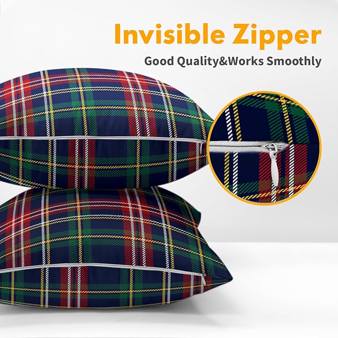 Christmas Tartan Pillow Covers 16x16 Set of 2 Navy Blue Green Red Plaid Print Decorative Outdoor Xmas Throw Pillow Cases Rustic Winter Holiday Decoration Farmhouse Sofa Couch Cushion Cover Bed Decor