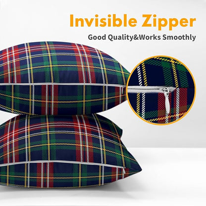 Christmas Tartan Pillow Covers 16x16 Set of 2 Navy Blue Green Red Plaid Print Decorative Outdoor Xmas Throw Pillow Cases Rustic Winter Holiday Decoration Farmhouse Sofa Couch Cushion Cover Bed Decor
