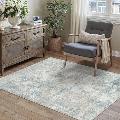 3x5 Washable Area Rug Blue Cream Abstract Entryway Office Throw Rug Neutral Modern Non Slip Soft Low Pile Lightweight Small Carpet for Kitchen Living Room Bedroom Entrance