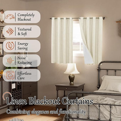 Lajode Linen Blackout Curtains 54 Inch Length 2 Panels for Bedroom, Thermal Insulated Total Light Blocking Noise Reducing Window Curtains for Farmhouse, Bronze Grommet, Cream, Each 52" Wide