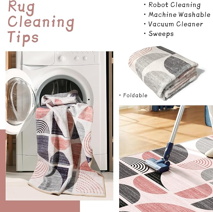 MUJOO Pink Washable Rugs 8x10,Boho Area Rugs for Living Room Bedroom,Large Throw Floor Carpet Non Slip Soft Modern Abstract Pink and Grey