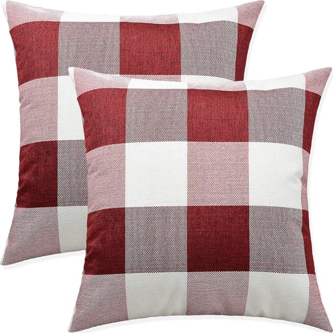 Artaimee Red & White Buffalo Check Plaid Throw Pillow Covers 18x18 - Set of 2 - Durable Cotton Linen, Hidden Zipper - Decorative Cushion Case for Couch, Sofa, Bed, Office, Farmhouse, Home Décor