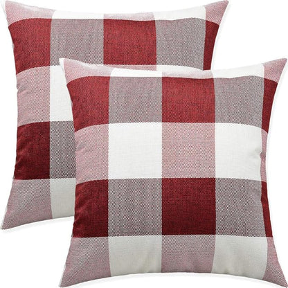 Artaimee Red & White Buffalo Check Plaid Throw Pillow Covers 18x18 - Set of 2 - Durable Cotton Linen, Hidden Zipper - Decorative Cushion Case for Couch, Sofa, Bed, Office, Farmhouse, Home Décor