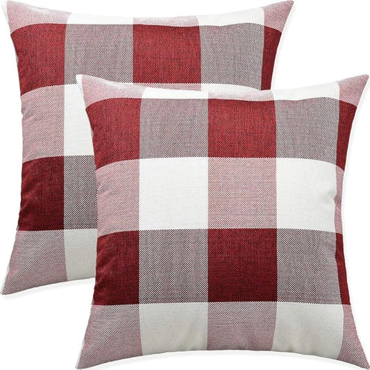 Artaimee Red & White Buffalo Check Plaid Throw Pillow Covers 18x18 - Set of 2 - Durable Cotton Linen, Hidden Zipper - Decorative Cushion Case for Couch, Sofa, Bed, Office, Farmhouse, Home Décor