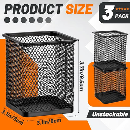 Segarty Square Pen Holder, 3 Pack Black Pen Holder for Desk, Metal Mesh Pencil Cup Container Desktop Accessories Organizer for Office, School, Home, Makeup Brush